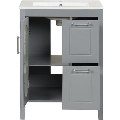 24" Bathroom Vanity with Sink, Bathroom Vanity Cabinet with Two Drawers and Door, Adjustable Shelf, Solid Wood and MDF, Grey