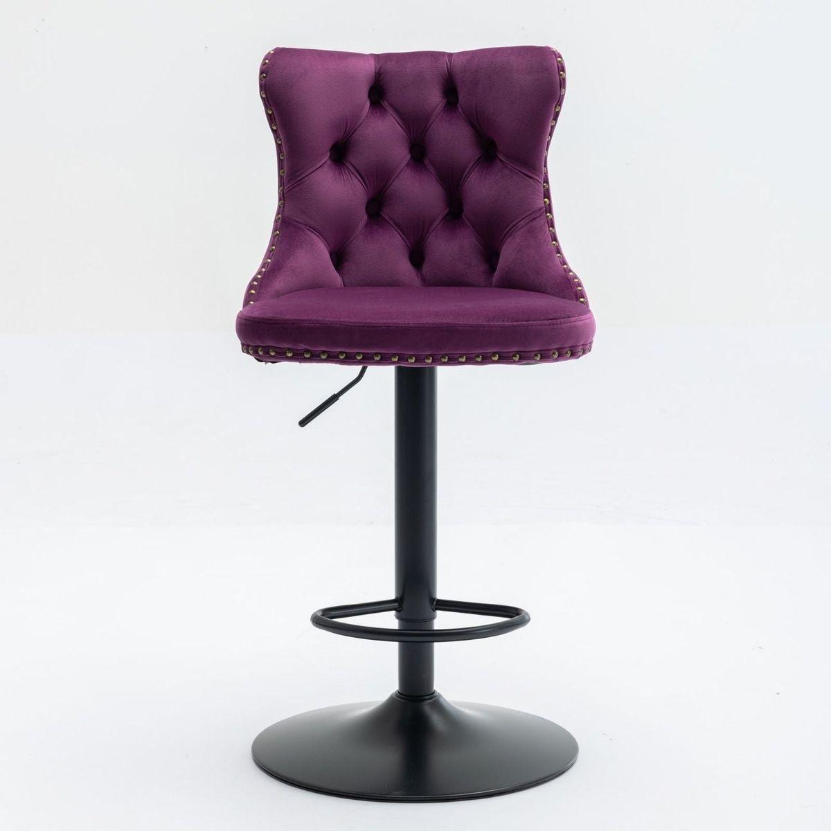Swivel Velvet Barstools Adjusatble Seat Height from 25-33 Inch,17.7inch base, Modern Upholstered Bar Stools with Backs Comfortable Tufted for Home Pub and Kitchen Island,Purple,Set of 2