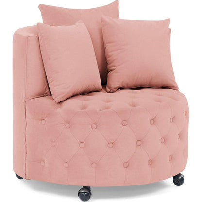 Velvet Upholstered Swivel Chair for Living Room, with Button Tufted Design and Movable Wheels, Including 3 Pillows, Pink