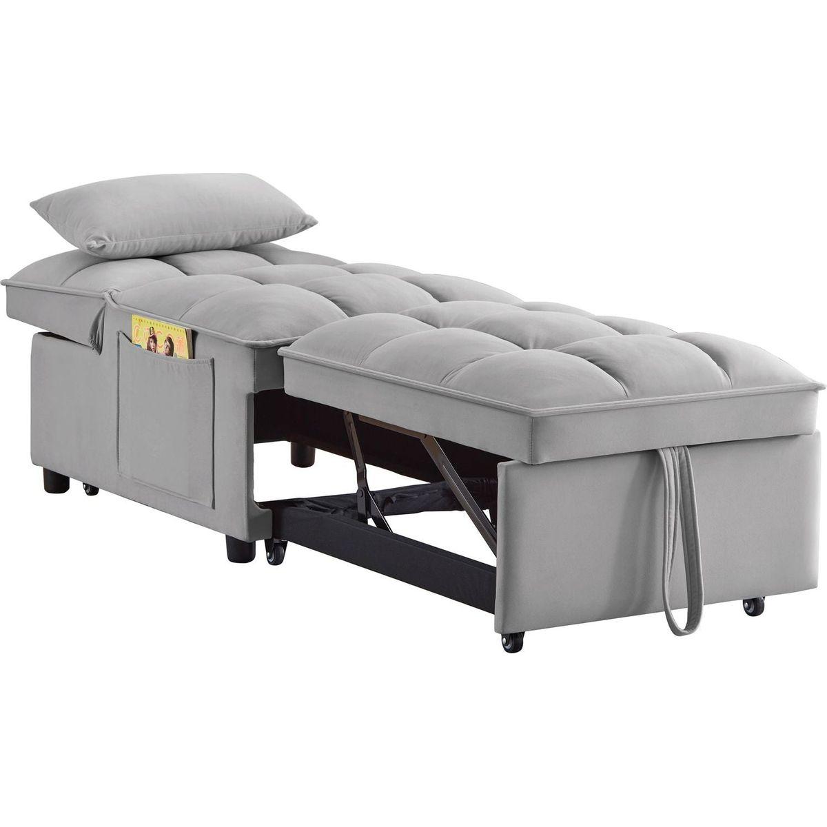 4 in1 Multi-Function Single Sofa Bed with Storage Pockets,Tufted Single Pull-out Sofa Bed with Adjustable Backrest and Pillows, Convertible Chaise Lounge,Gray