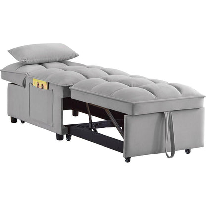 4 in1 Multi-Function Single Sofa Bed with Storage Pockets,Tufted Single Pull-out Sofa Bed with Adjustable Backrest and Pillows, Convertible Chaise Lounge,Gray