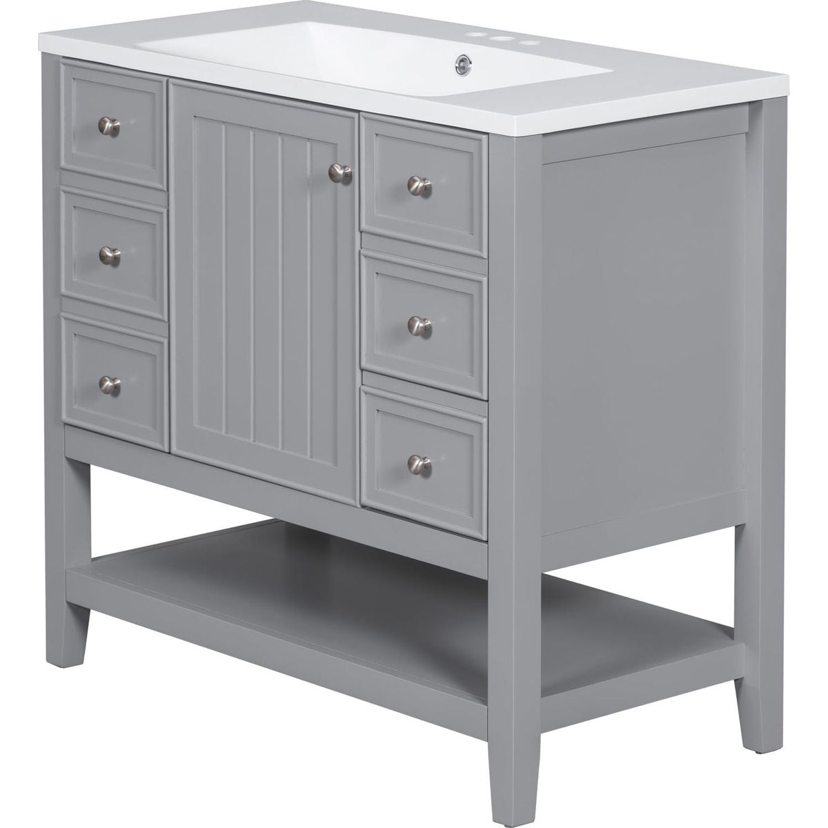 36" Bathroom Vanity with Sink Combo, One Cabinet and Three Drawers, Solid Wood and MDF Board, Grey