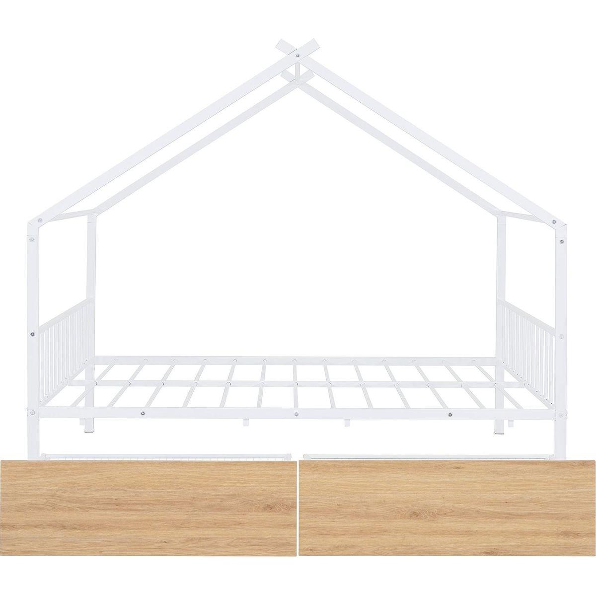 Full Size Metal House Bed with Two Drawers, White