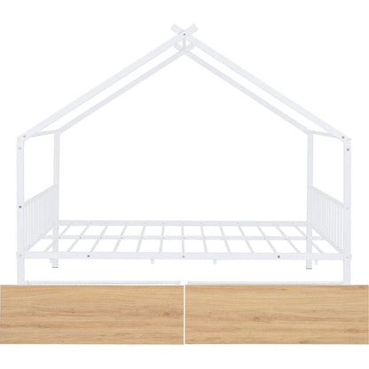 Full Size Metal House Bed with Two Drawers, White