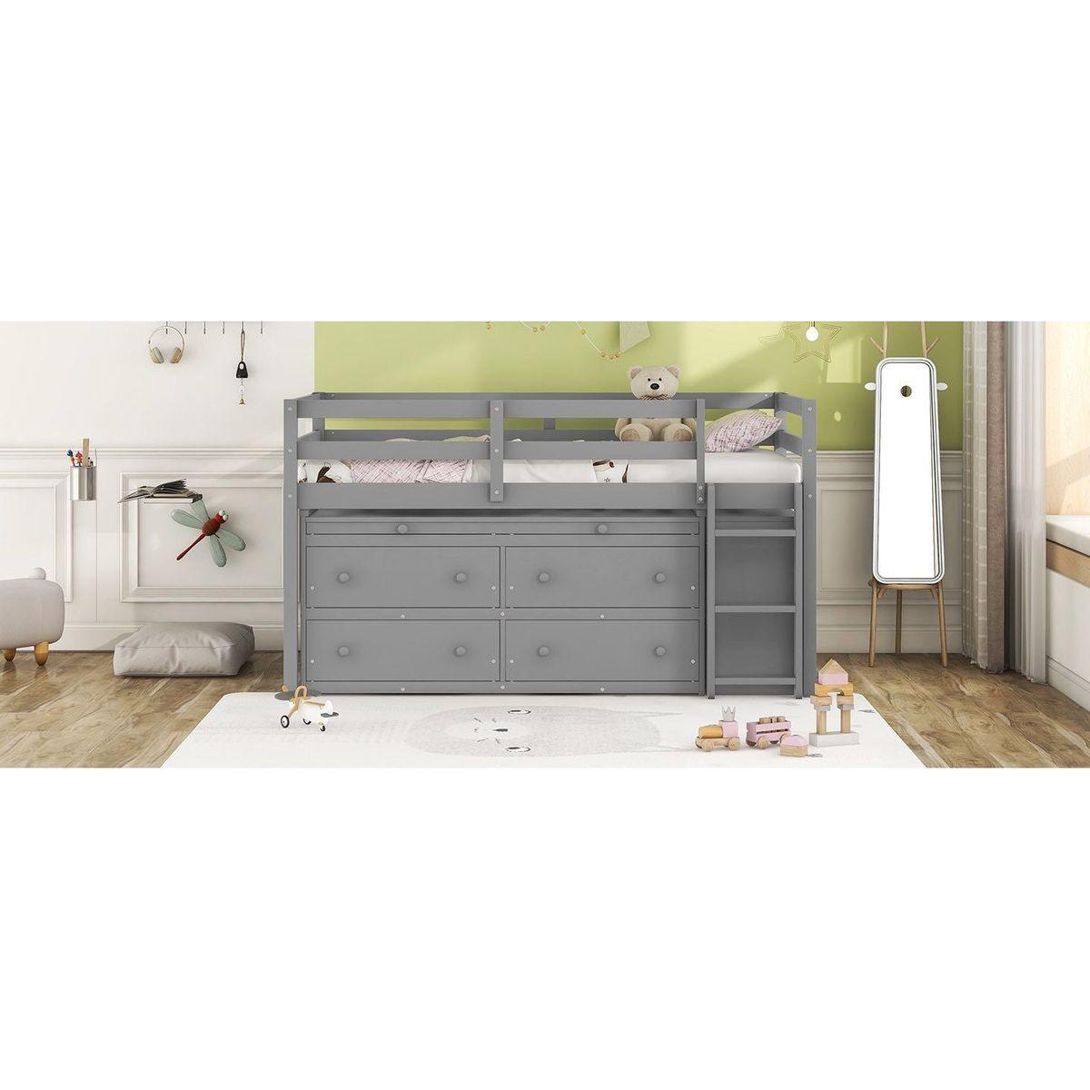 Twin Size Loft Bed with Retractable Writing Desk and 4 Drawers, Wooden Loft Bed with Lateral Portable Desk and Shelves, Gray