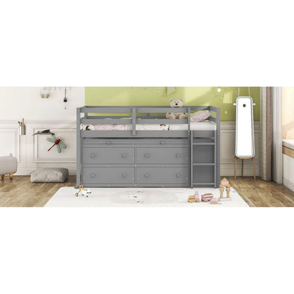 Twin Size Loft Bed with Retractable Writing Desk and 4 Drawers, Wooden Loft Bed with Lateral Portable Desk and Shelves, Gray