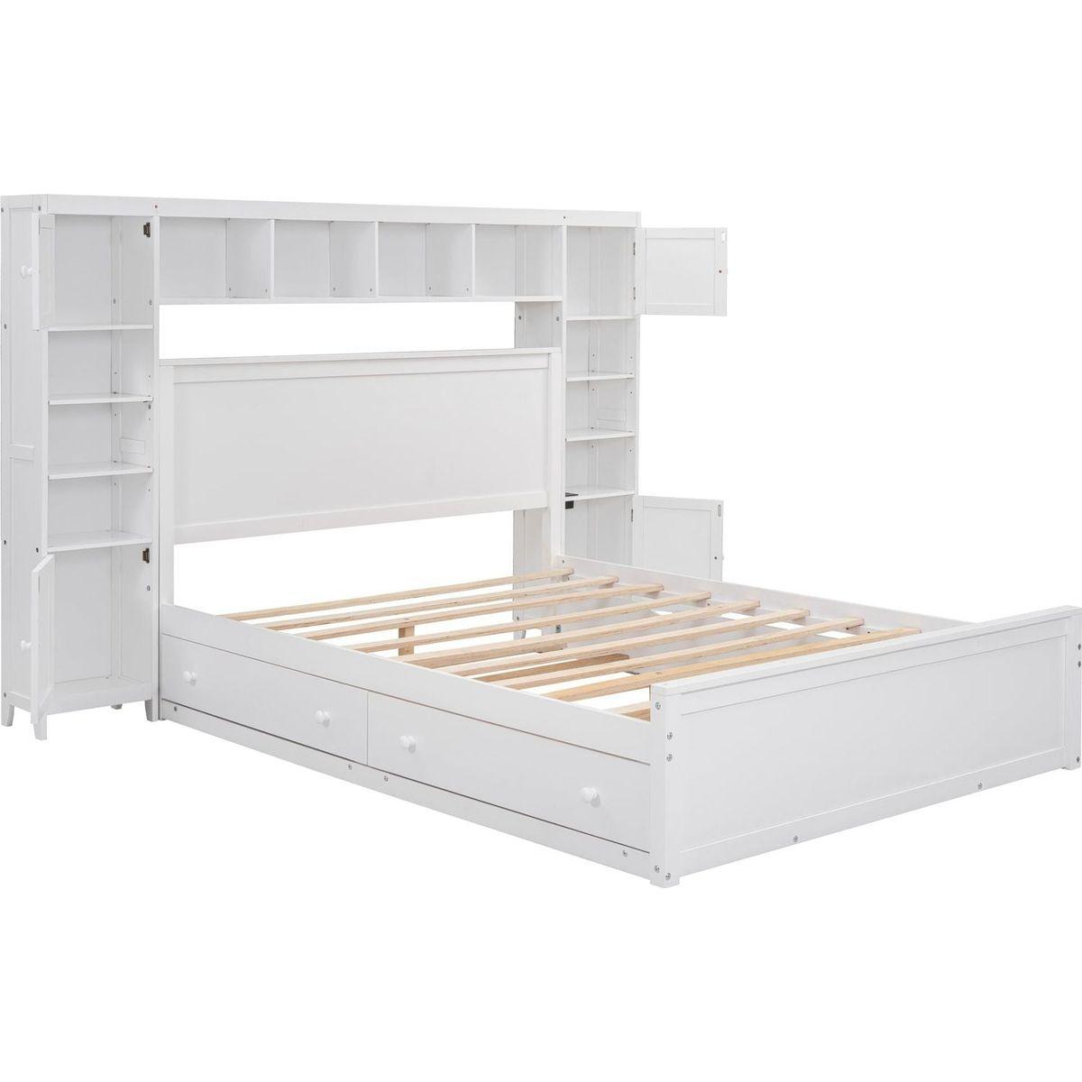 Queen Size Wooden Bed With All-in-One Cabinet, Shelf and Sockets, White