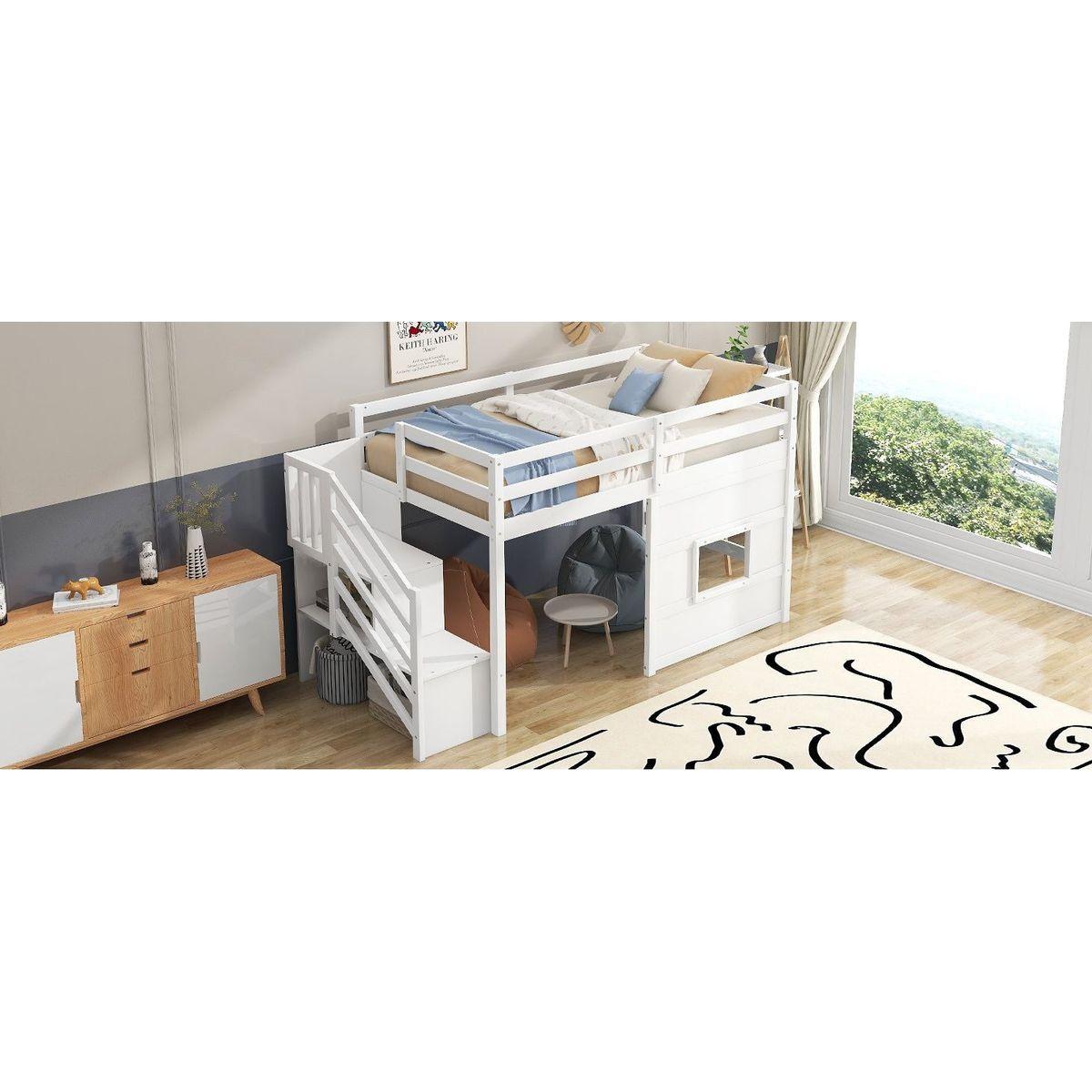 Twin Size Loft Bed with Storage Staircase and Window, White