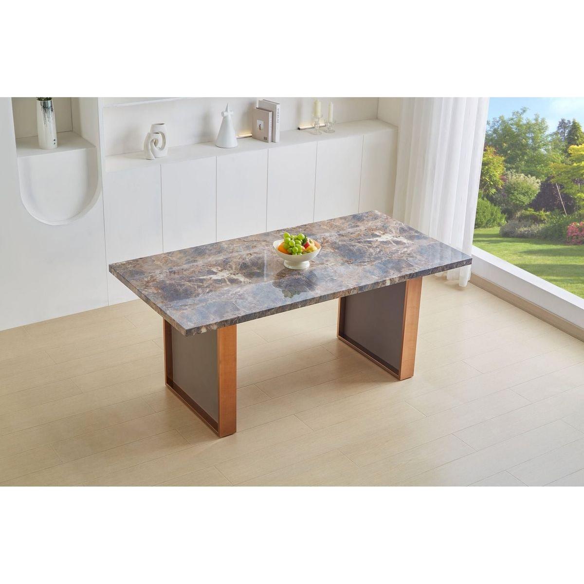 Faux Marble MDF Dining Table for 6 or 8,Rectangular 70.8"Lx35.4"Wx29.8"H, Luxurious Rocky Stone Effect Top Stainless Steel Legs Modern, Durable, Easy to Assemble for Kitchen/Living Room/Meeting Brown