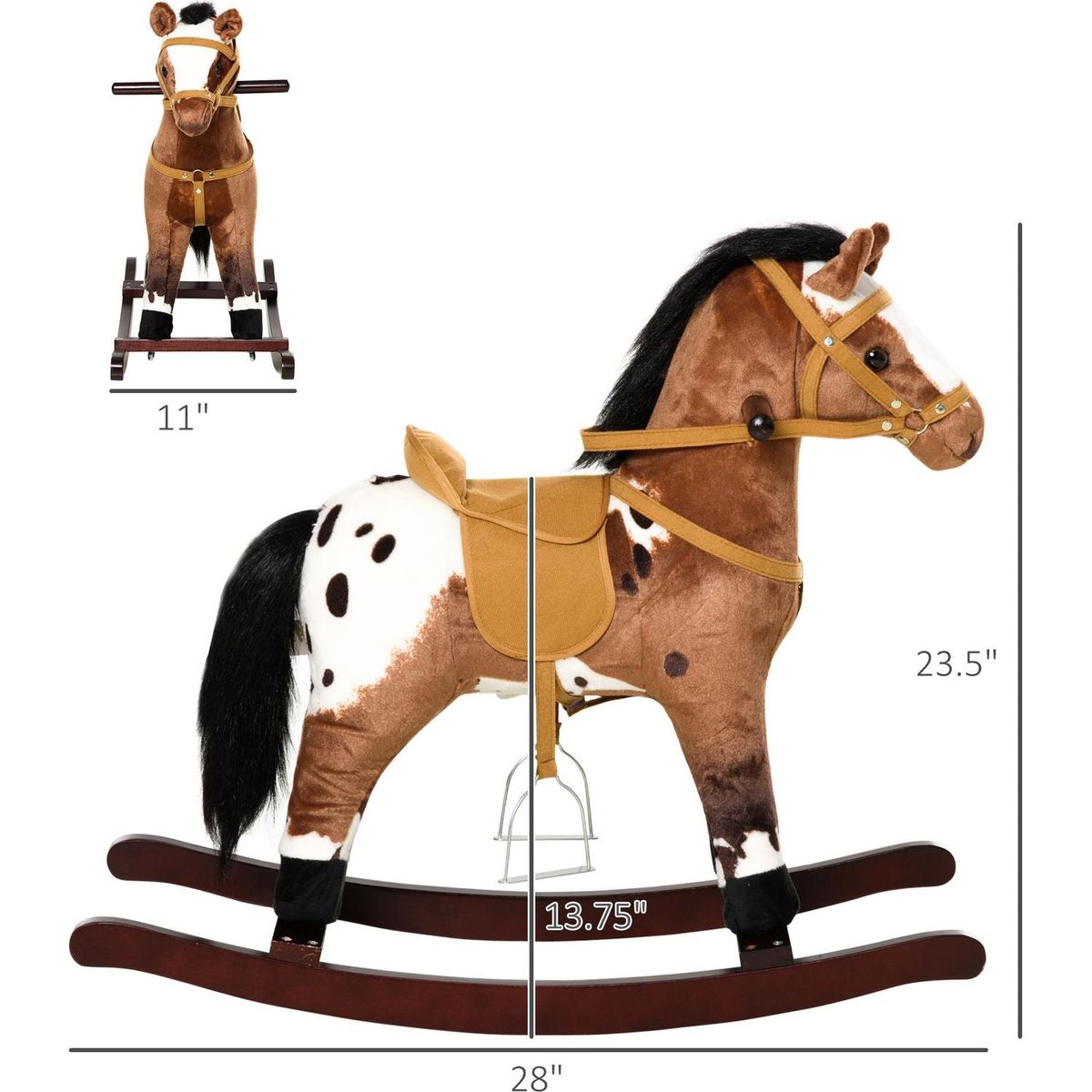 Qaba Kids Metal Plush Ride-On Rocking Horse Chair Toy With Realistic Sounds - Dark Brown/White