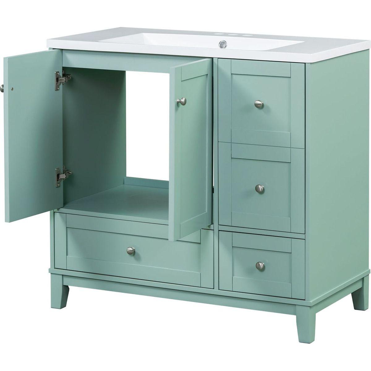 36 Inch Modern Bathroom Vanity with USB Charging, Two Doors and Three Drawers Bathroom Storage Vanity Cabinet, Small Bathroom Vanity cabinet with single sink, Green - Faucets Not Included