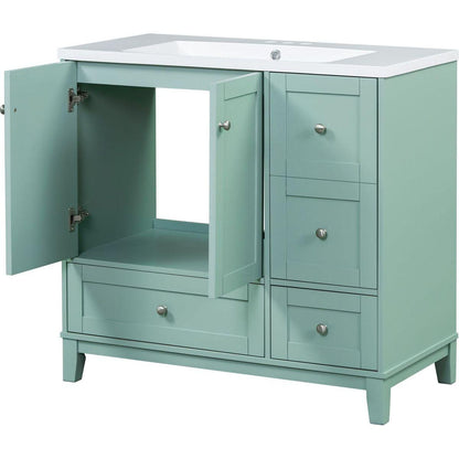 36 Inch Modern Bathroom Vanity with USB Charging, Two Doors and Three Drawers Bathroom Storage Vanity Cabinet, Small Bathroom Vanity cabinet with single sink, Green - Faucets Not Included