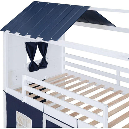 Twin Size Bunk Wood House Bed with Elegant Windows, Sills and Tent, Blue+White