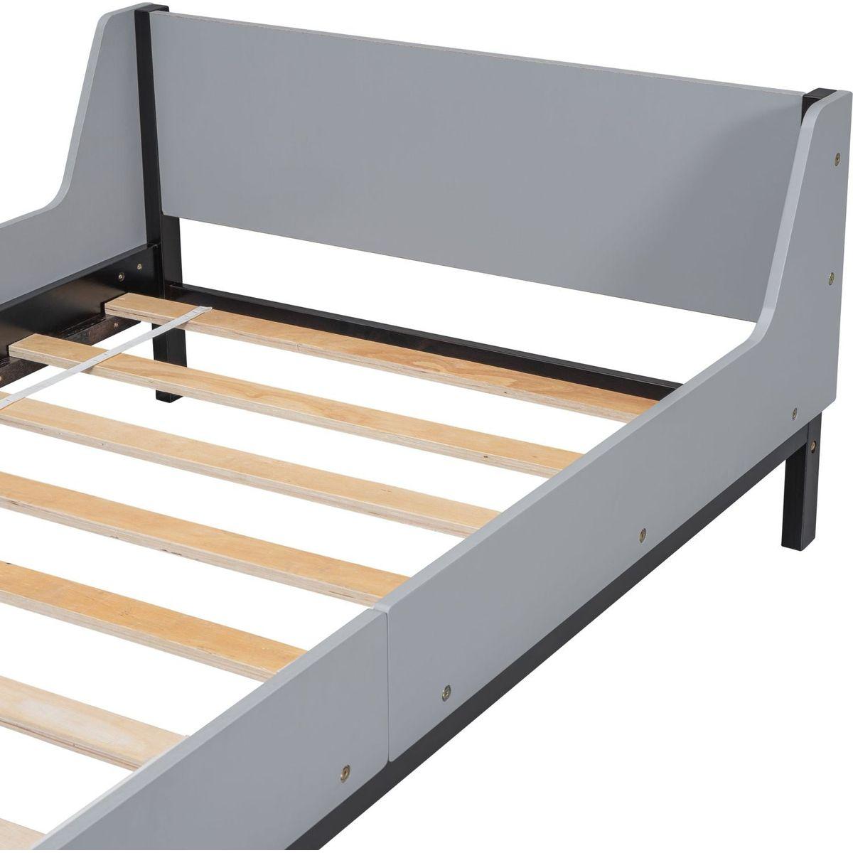 Twin Bed with Headboard, Footboard, Safeguards, Built-in Bed-end Book Storage Rack, Grey