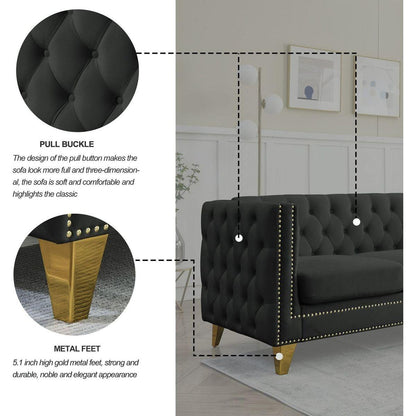 Velvet Sofa for Living Room,Buttons Tufted Square Arm Couch, Modern Couch Upholstered Button and Metal Legs, Sofa Couch for Bedroom, Black Velvet