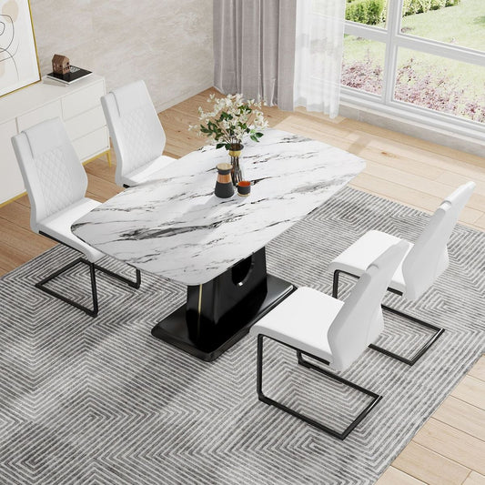 Table and chair set, modern and minimalist dining table, imitation marble patterned tabletop, MDF legs with U-shaped brackets. Paired with comfortable chairs, suitable for dining and living rooms.