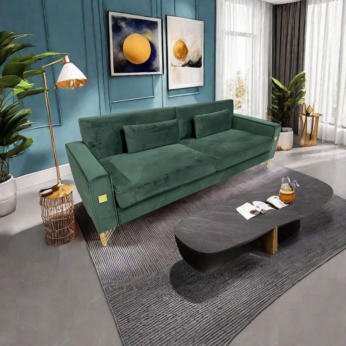 FX-P18-RG2(SOFA) Luxury Emerald Green Velvet Sofa with Gold Accents - Modern 3-Seat Couch with Plush Cushions, Perfect for Living Room and Office Decor