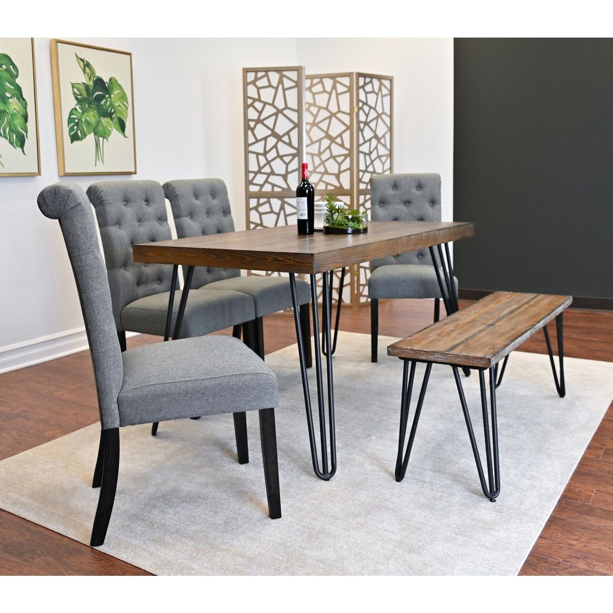 Ashford 6-Piece Dining Set, Hairpin Dining Table with 4 Chairs and Bench, 4 Color Options