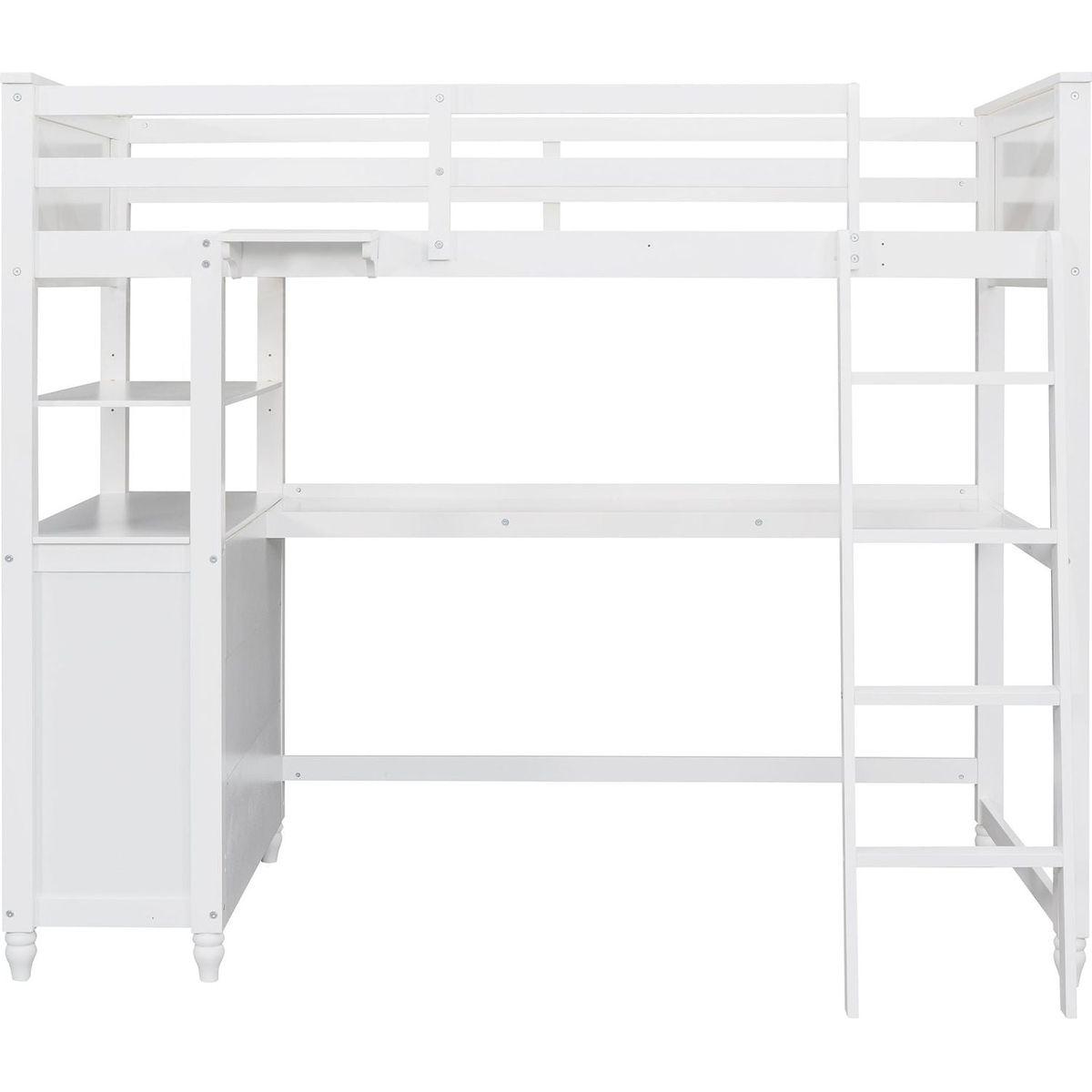 Twin size Loft Bed with Drawers and Desk, Wooden Loft Bed with Shelves - White