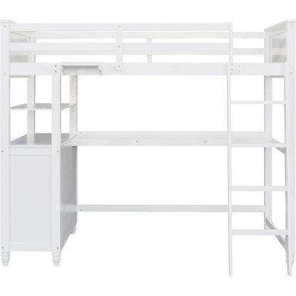 Twin size Loft Bed with Drawers and Desk, Wooden Loft Bed with Shelves - White