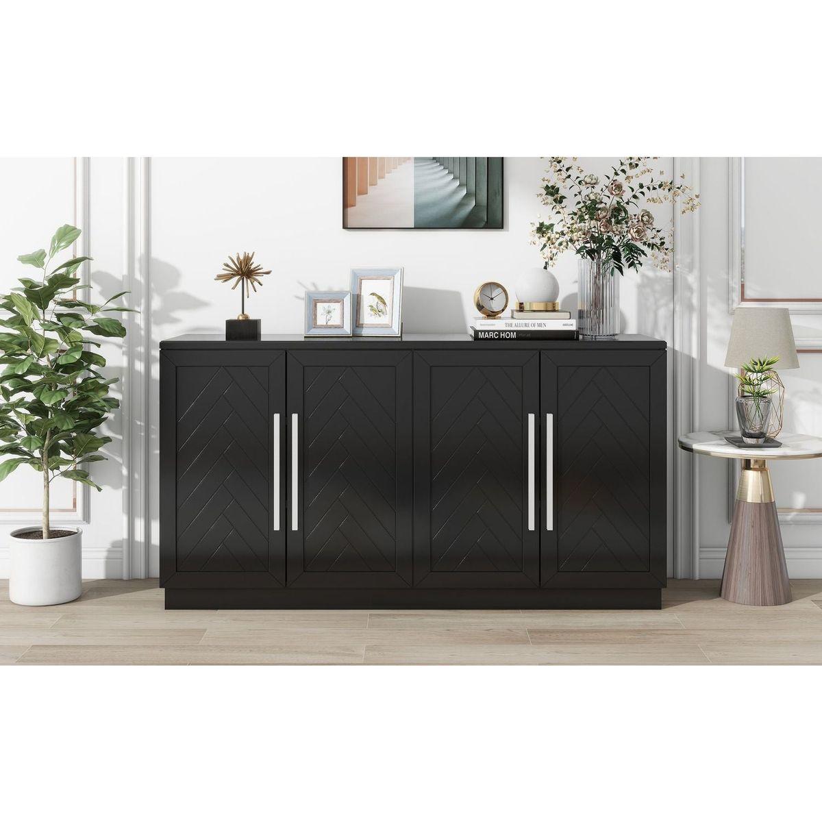 Sideboard with 4 Doors Large Storage Space Buffet Cabinet with Adjustable Shelves and Silver Handles for Kitchen, Dining Room, Living Room (Black)