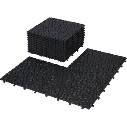 12 x 12 Inch Black Interlocking Deck Tiles Plastic Waterproof Outdoor All Weather Anti-slip Bathroom Shower Balcony Porch Strong Weight Capacity Upto 440 LBS, Pebble Stone Pattern Pack of 12