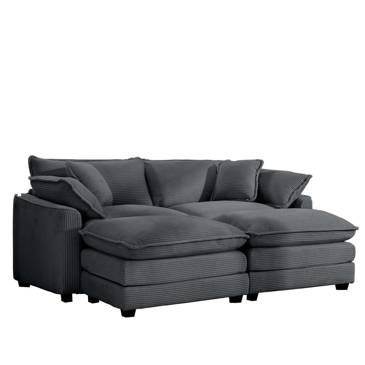 Contemporary Corduroy Two-Seater Sofa with Ottoman, Grey, Ideal for Small Spaces