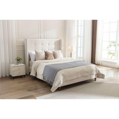 Upholstered Queen Bed / 54" High Headboard / Traditional Hand Buttoned Tufting / Nailhead Trim Wingback / No Box Spring Needed / Easy Assembly / Ivory Velvet