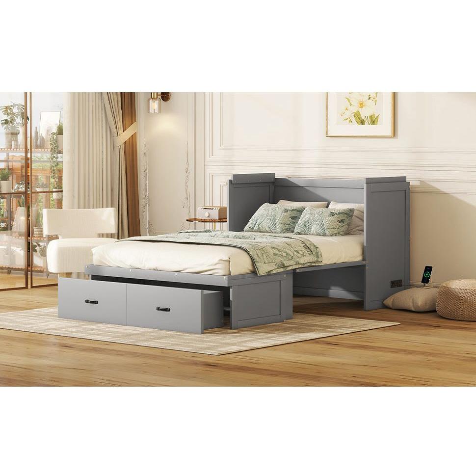 Full Size Murphy Bed with USB Port and a Large Drawer, Gray