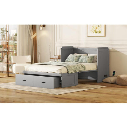 Full Size Murphy Bed with USB Port and a Large Drawer, Gray