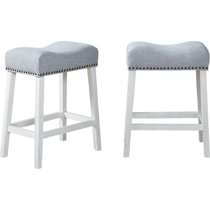 CoCo Upholstered Counter Height Stools - Saddle Seat, White-Washed Finish, Gray Fabric, Set of 2