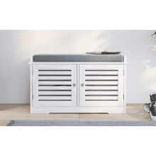 Shoe Storage Bench with Padded Seat Cushion, Entryway Bench with 2 Barn Doors-White