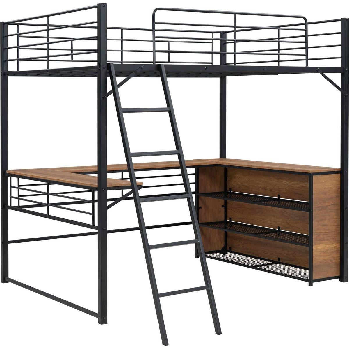 Full Size Metal Loft Bed with 3 Layers of Shelves and L-shaped Desk, Black