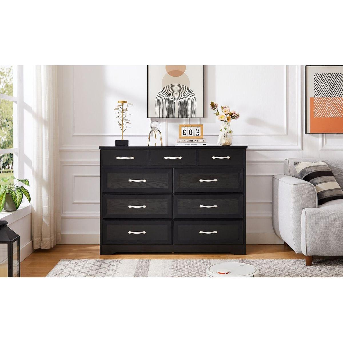 Bedroom dresser, 9 drawer long dresser with antique handles, wood chest of drawers for kids room, living room, entry and hallway, Black, 47.56"W x 15.75"D x 34.45"H.