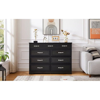 Bedroom dresser, 9 drawer long dresser with antique handles, wood chest of drawers for kids room, living room, entry and hallway, Black, 47.56"W x 15.75"D x 34.45"H.