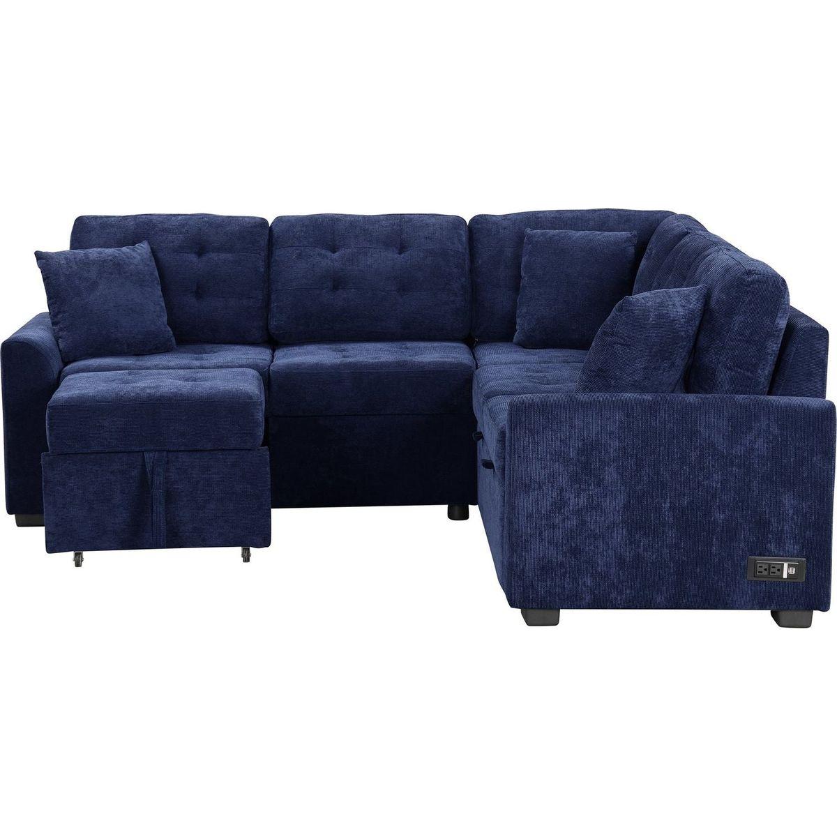 82.6" L-shape Sofa Bed Pull-out Sleeper Sofa with Wheels, USB Ports, Power Sockets for Living Room, Navy Blue