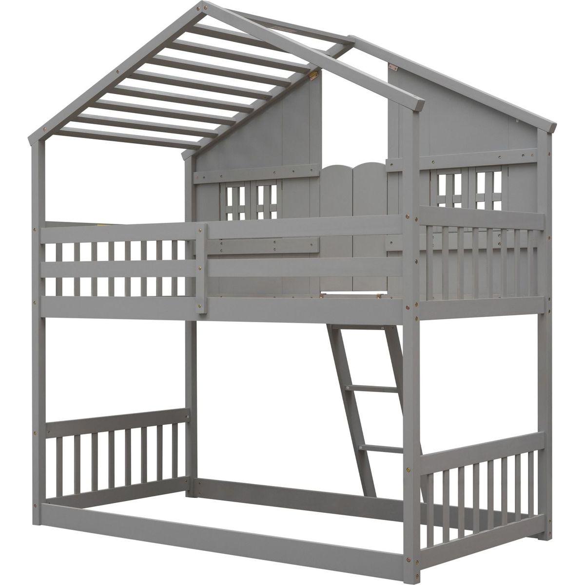 Twin over Twin House Bunk Bed with Roof, Window, Window Box, Door, with Safety Guardrails and Ladder, Grey