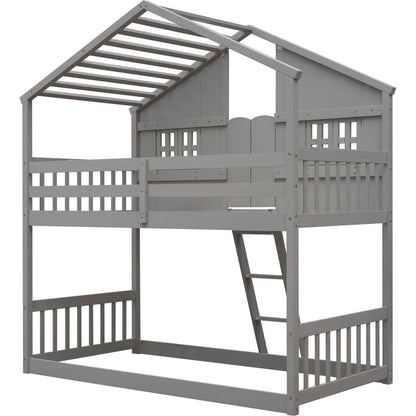Twin over Twin House Bunk Bed with Roof, Window, Window Box, Door, with Safety Guardrails and Ladder, Grey