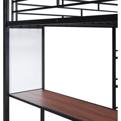Full Size Loft Metal Bed with 3 Layers of Shelves and Desk, Stylish Metal Frame Bed with Whiteboard, Black