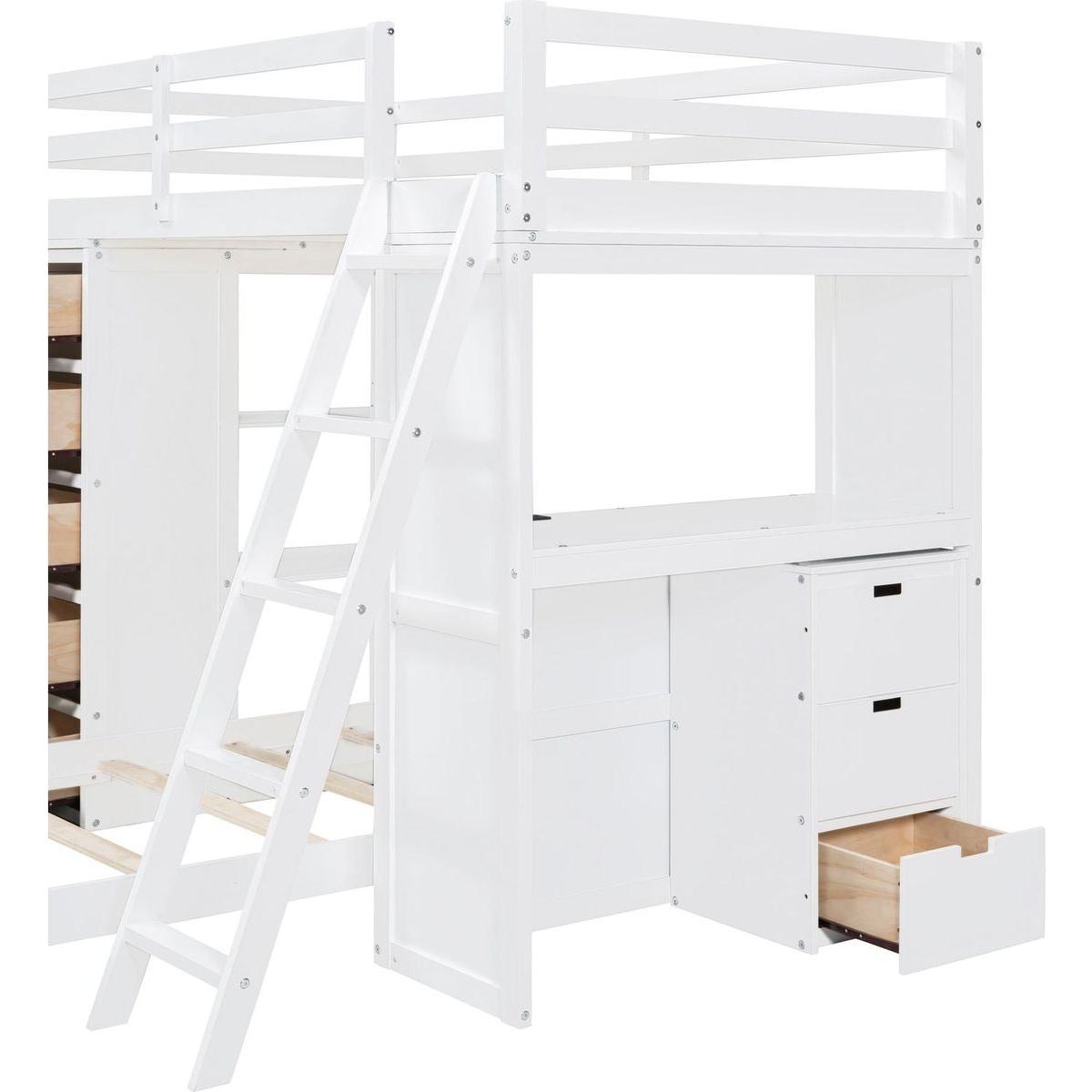 Twin over Twin Bunk Bed with LED Light and USB Ports, White