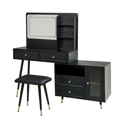 Modern Makeup Vanity Desk with Mirror and Lights, Retractable Design, Black Engineered Wood, 58.50 x 15.80 x 52.30 inches