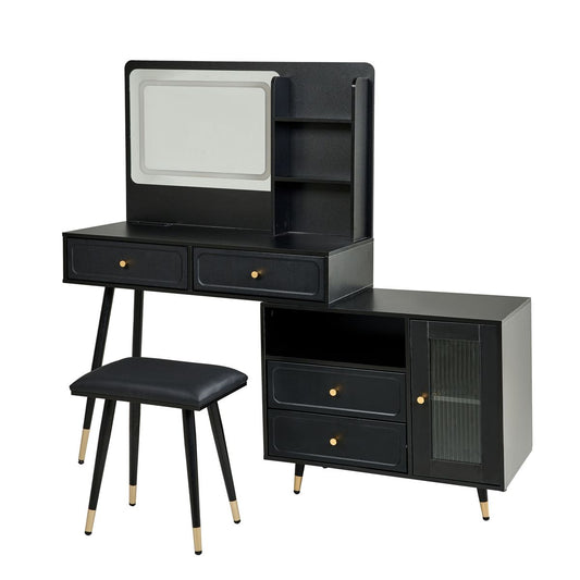 Modern Makeup Vanity Desk with Mirror and Lights, Retractable Design, Black Engineered Wood, 58.50 x 15.80 x 52.30 inches