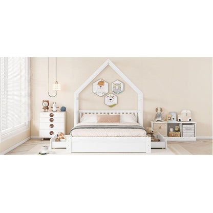 Wood Queen Size House Platform Bed with Guardrail and 2 Drawers, White