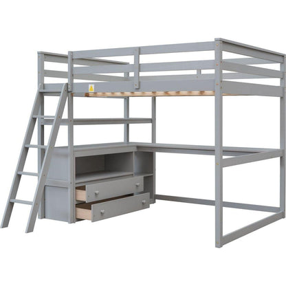 Full Size Loft Bed with Desk and Shelves,Two Built-in Drawers,Gray
