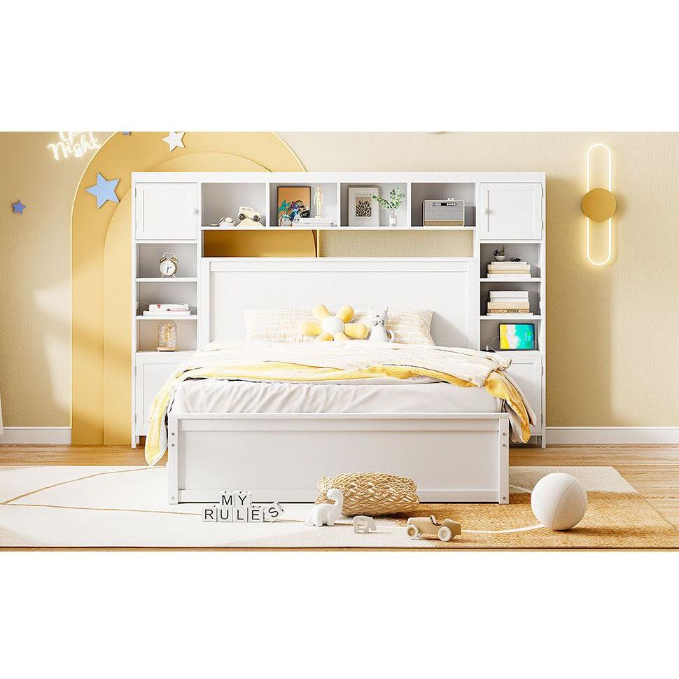 Queen Size Wooden Bed With All-in-One Cabinet, Shelf and Sockets, White