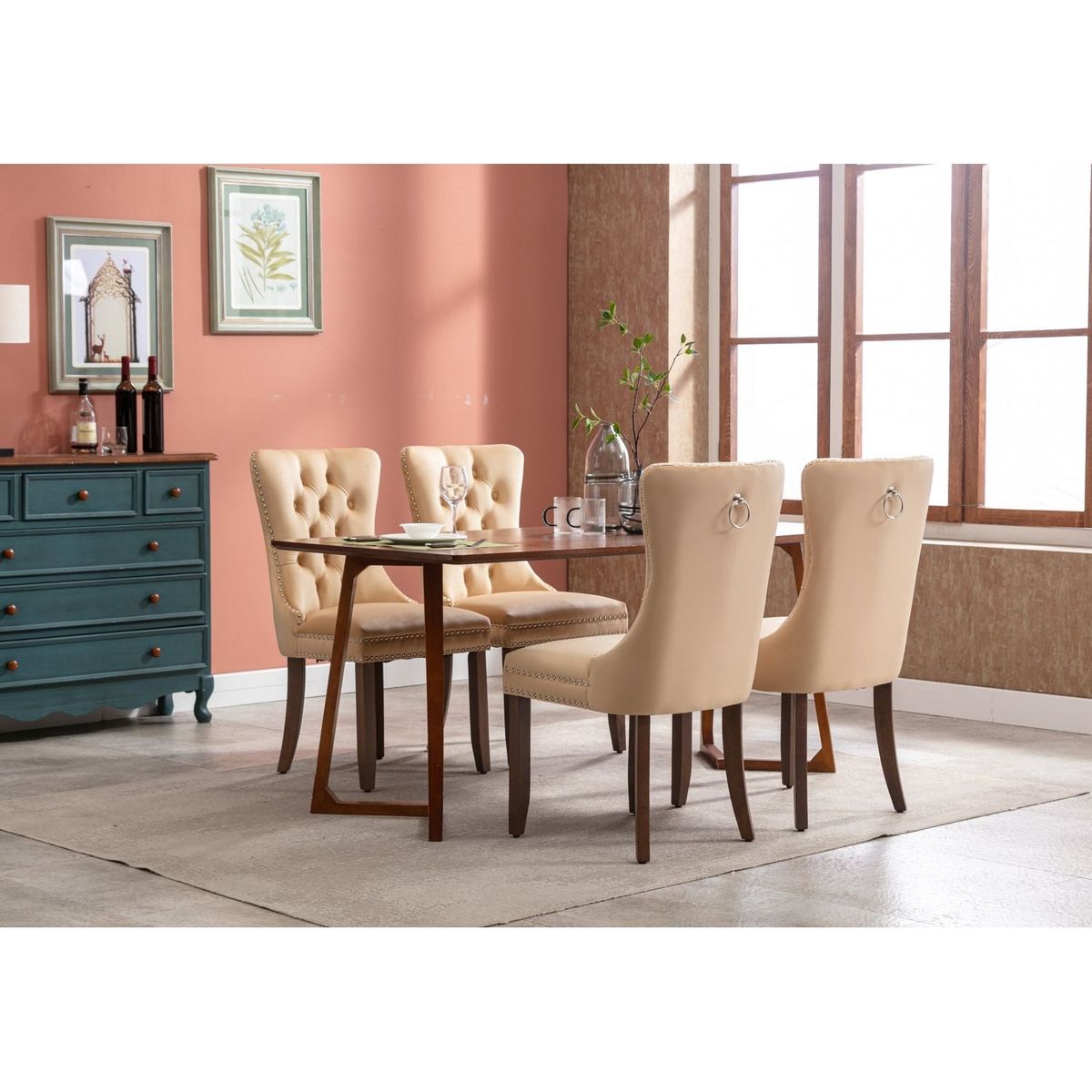 Upholstered Button Tufted Back Pink Velvet Dining Chair with Nailhead Trim and Solid Wood Legs 2 Sets