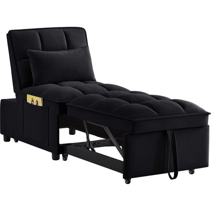 4 in1 Multi-Function Single Sofa Bed with Storage Pockets,Tufted Single Pull-out Sofa Bed with Adjustable Backrest and Pillows, Convertible Chaise Lounge,Black
