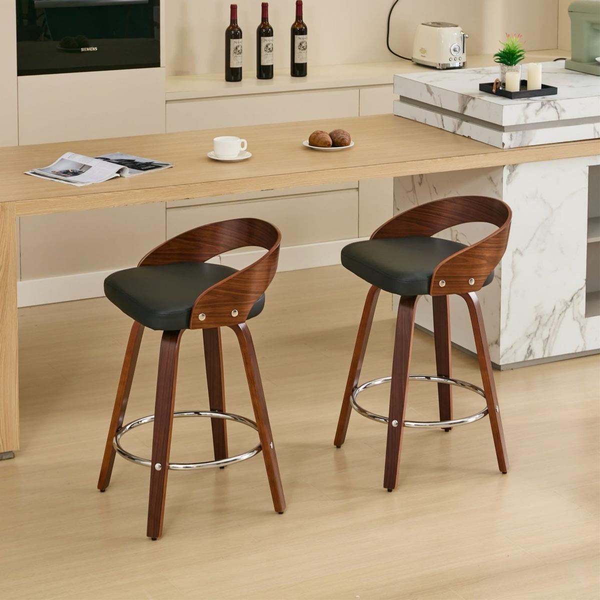 Bar Stools Set of 2, Swivel Bar Height Stools with Low Back, Wood Bar Chairs with Soft Cushion Seat, 25-Inch Seat Height (Black, 25" Counter Height) - Streamdale Furniture