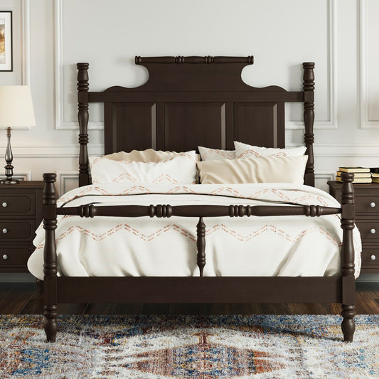 Vintage Country Style Wood Queen Size Four Poster Platform Bed with 56.9' High Crown-like Headboard, No Box Spring Needed, Brown