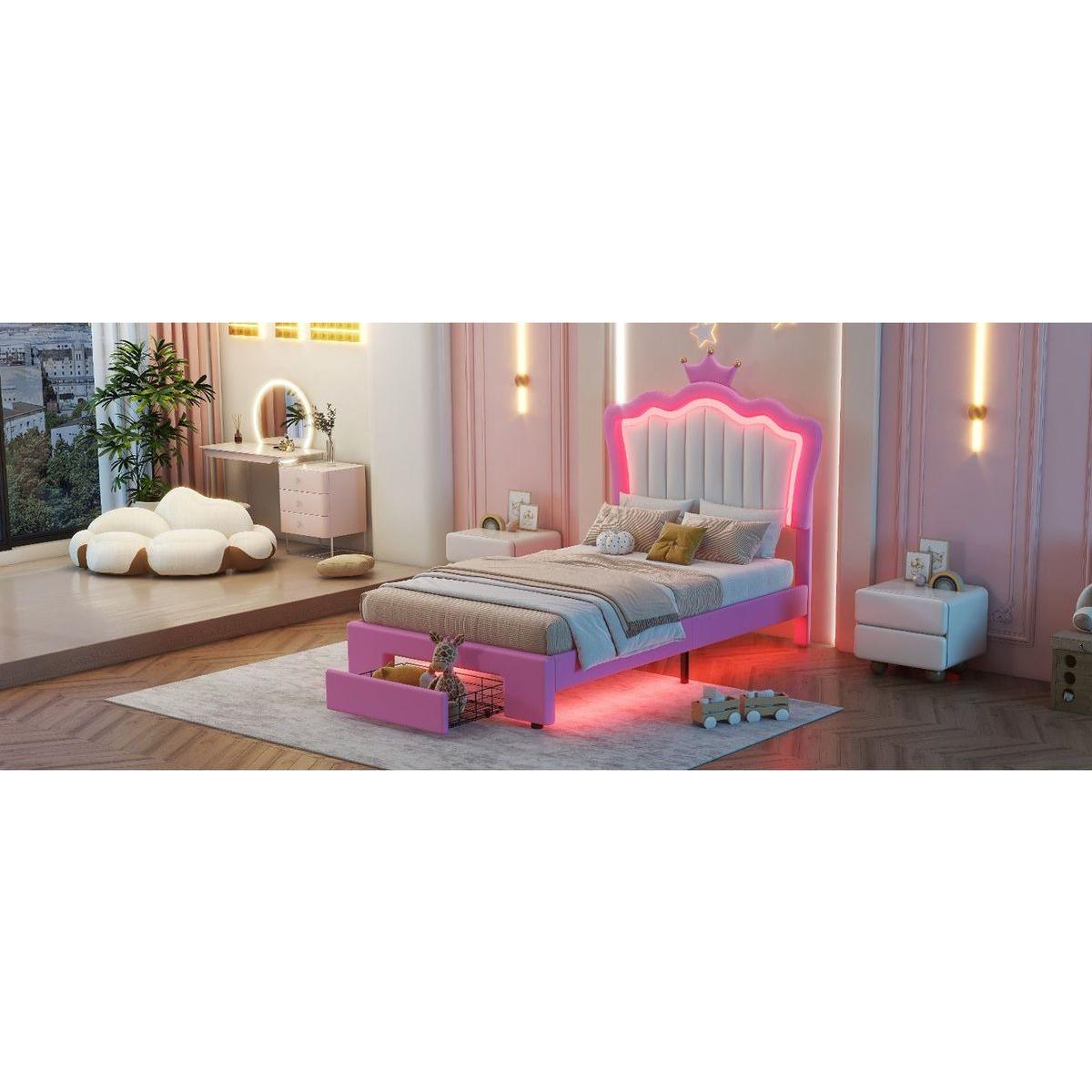 Twin Size Upholstered Bed Frame with LED Lights, Modern Upholstered Princess Bed with Crown Headboard, a Drawer, Pink+White